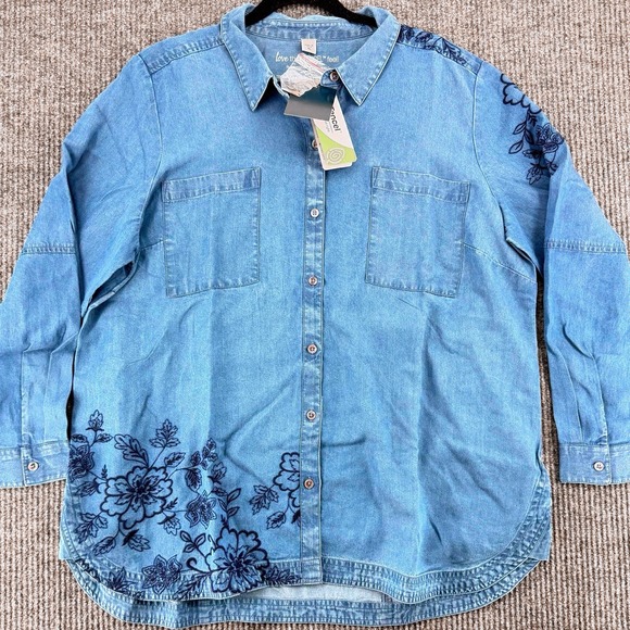 Love That Tencel Tops - Tencel Chambray Floral Denim Shirt XL Oversized Boho Cottagecore Button Up NWT